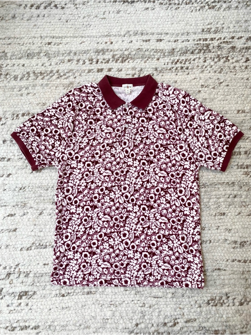 J.Crew NWOT Burgundy Cream Floral Terry Polo Shirt M - Picture 2 of 8